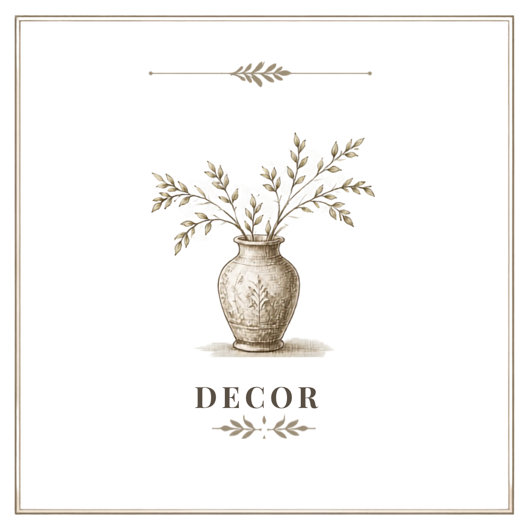 Decor book cover with a sketch of a vase with leaves and the word 'DECOR' in bold text.