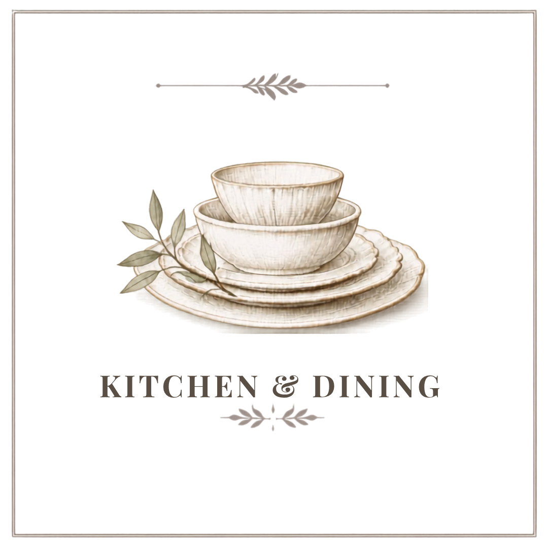 Decorative sign with stacked beige bowls and plates, accompanied by olive branches, and the text 'KITCHEN & DINING' in capital letters.