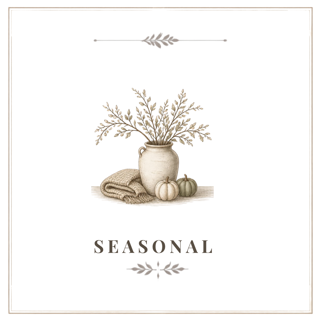 Centered illustration of a vase with foliage, two small pumpkins, a textured cloth, and the word 'SEASONAL' beneath, framed with a simple border.