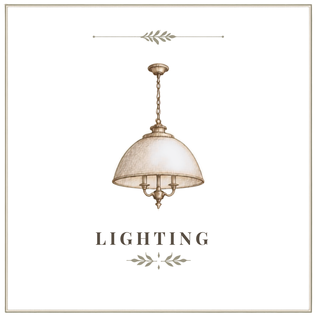 Elegant vintage pendant light fixture with a beige and gold finish and classic design, centered above the word "Lighting" with decorative borders on a white background.