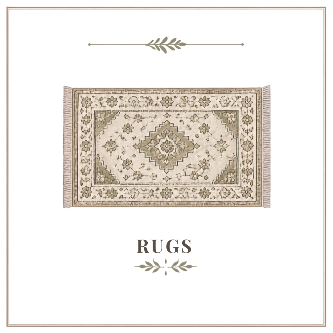 A beige and brown patterned rug with floral and geometric designs, framed with fringed edges. The rug is centered on a white background with the word 'RUGS' written below, decorated with simple leaf illustrations.