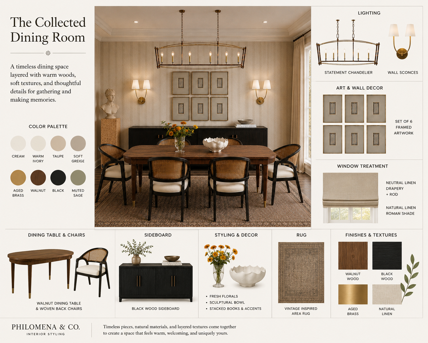 Styled dining room with a wooden table, six chairs, wall art, a chandelier, and wall sconces, featuring neutral linen window treatments and a patterned area rug.