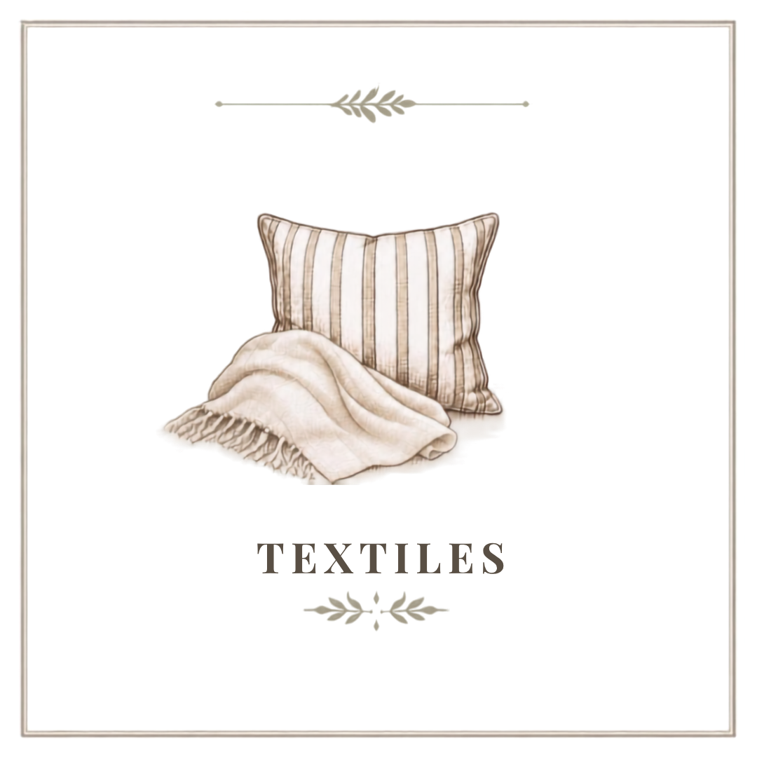 A soft beige blanket and a striped beige pillow on a white background with the word 'TEXTILES' below.