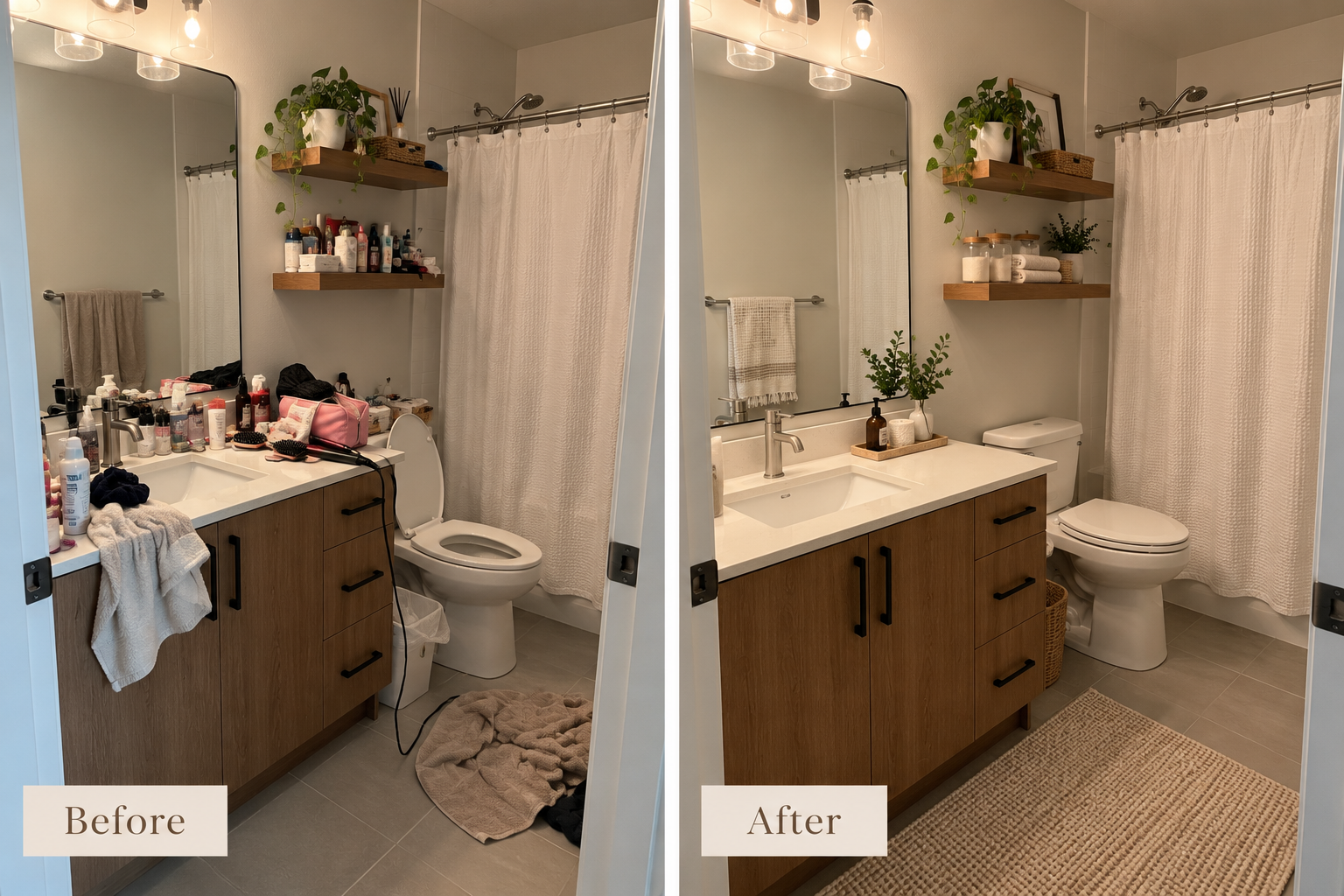 A bathroom before and after renovation. The before side shows a cluttered bathroom with toiletries, a towel on the counter, and a disorganized vanity. The after side shows a clean, organized bathroom with a tidy vanity, a plant, and neatly arranged towels and accessories.