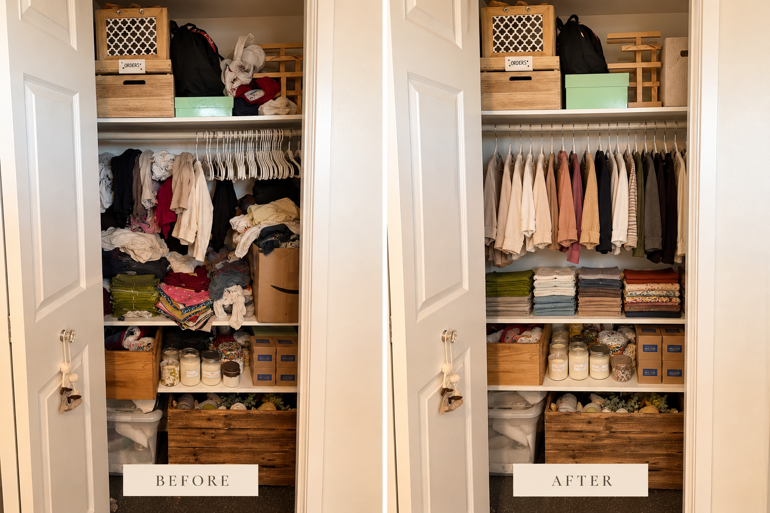 Two side-by-side photos of a closet, showing a before and after organization. The closet contains shelves, hanging clothes, and storage boxes. In the after photo, clothes are neatly hung and folded, with less clutter on shelves.