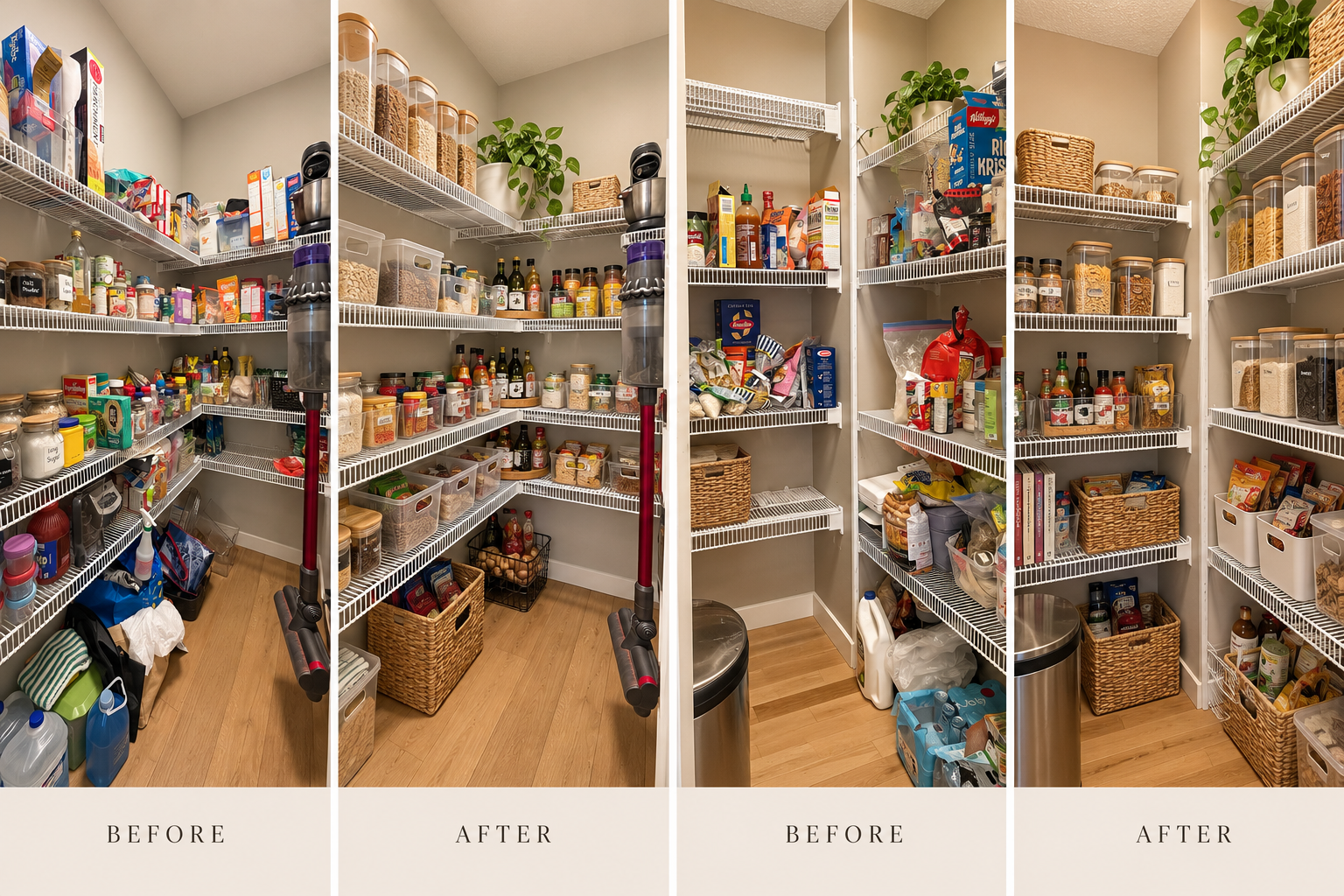 A pantry before and after organization, showing shelves with food storage containers and various pantry items. The second image shows the pantry after tidying up, with items neatly arranged and stored in baskets and containers.