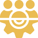 Silhouette of three people behind a gear icon.