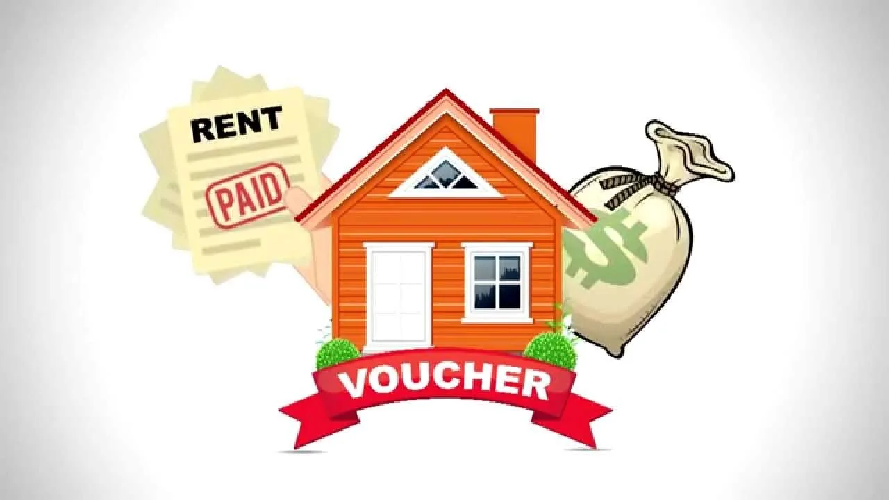 House with a red chimney, surrounded by voucher, rent paid stamp, and money bag with dollar sign.