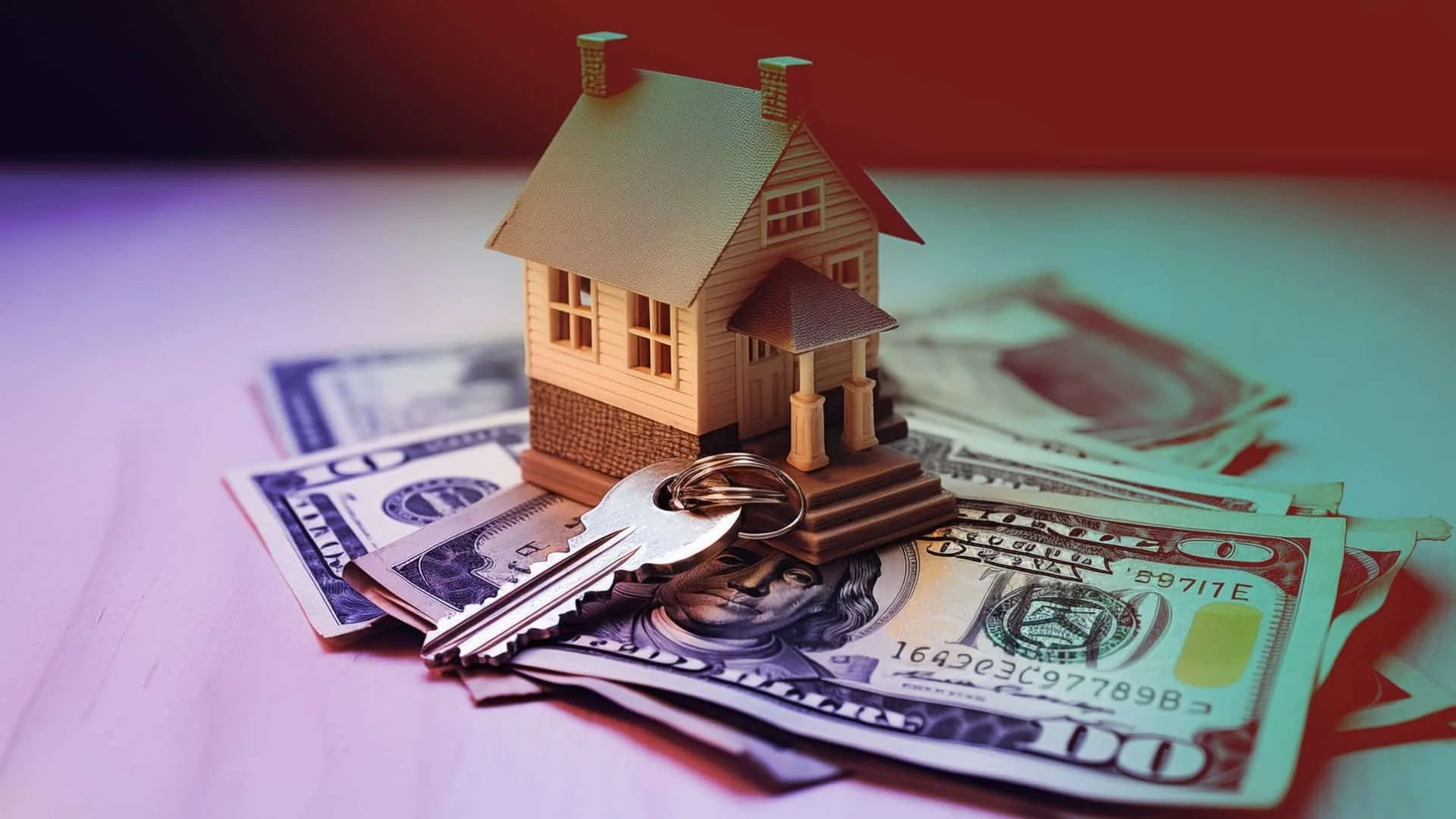 A small model house placed on top of US dollar bills with a key attached to the house, symbolizing real estate or property investment.