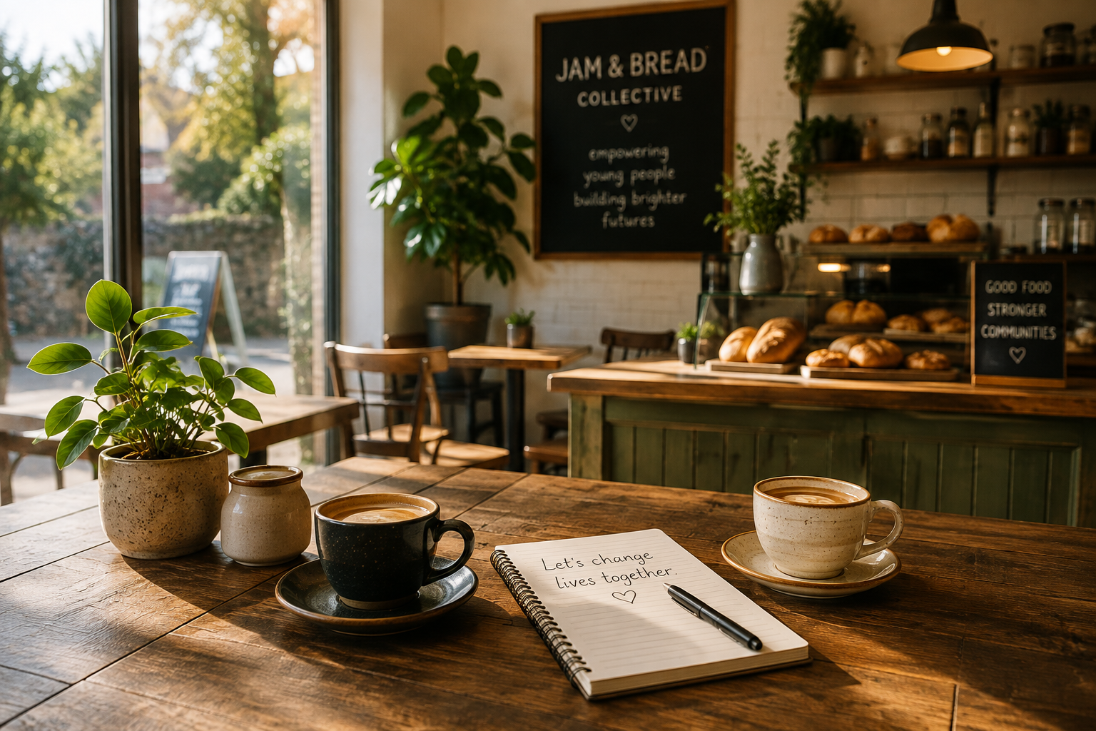Interior of a cozy coffee shop with a wooden table in the foreground. On the table are two cups of coffee, a small potted plant, and a notebook with the handwritten message 'Let's change lives together' with a heart. In the background, a bakery counter displays bread, with signs reading 'Jam & Bread Collective' and 'Good food, stronger communities.' Large windows let in natural light, revealing trees outside.