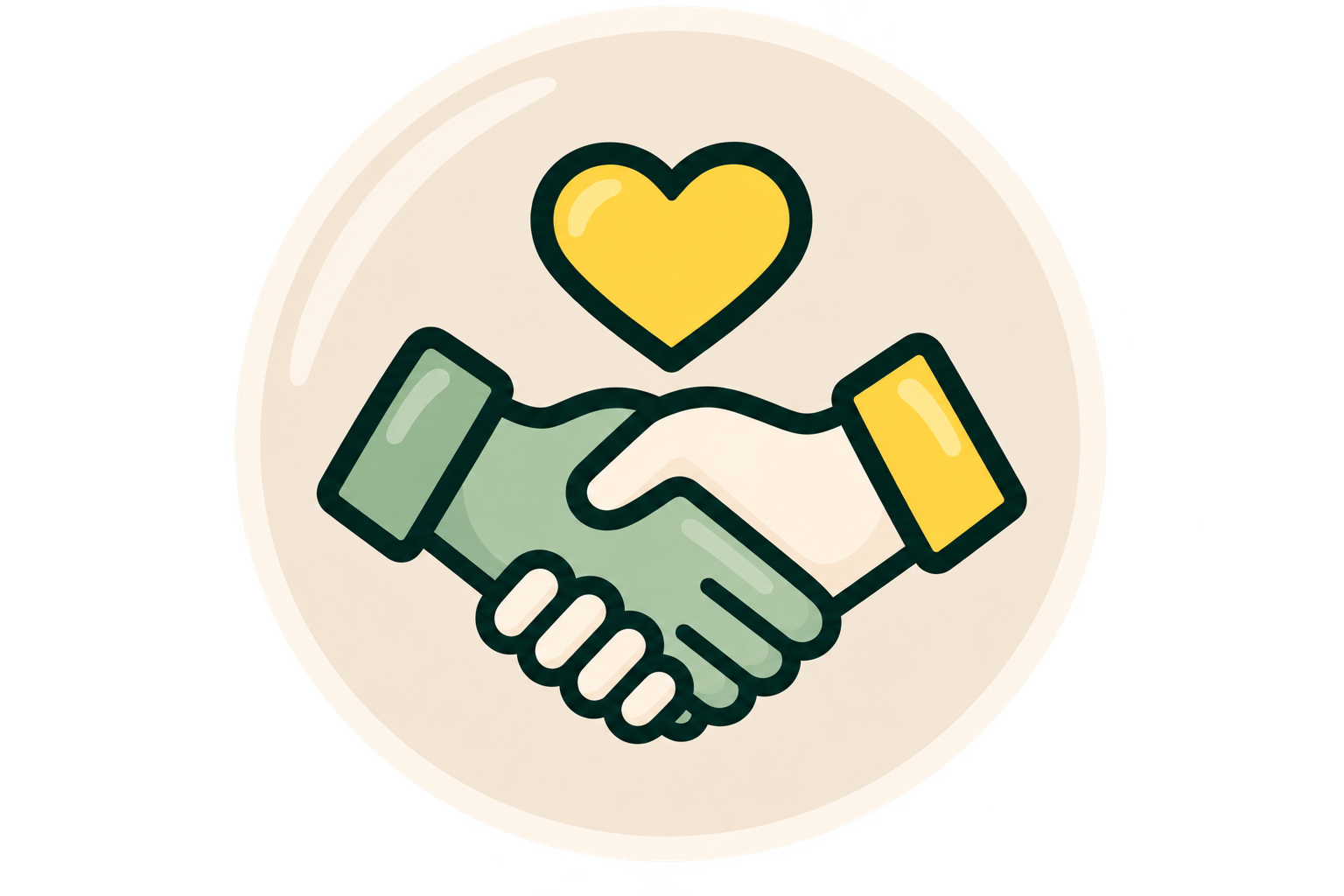 Illustration of two hands shaking, with a yellow heart above them.