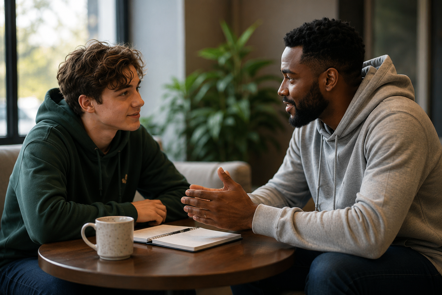 Two men having a conversation at a coffee shop, sitting across from each other at a small round table. One man is younger with curly hair and a green hoodie, while the other is older with a beard and a gray hoodie. There is a notebook with a pen and a coffee mug on the table. A large window and green plant are in the background.