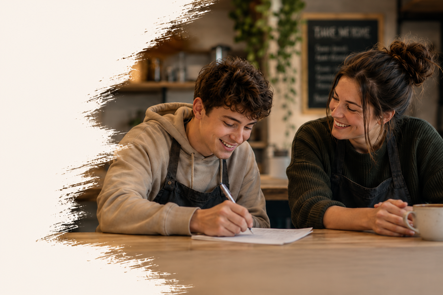 A young man and woman, both wearing black aprons, are sitting at a wooden table in a cozy cafe, smiling and enjoying a conversation. The young man is writing on a notepad, and the young woman is holding a mug. The background features shelves with jars and a chalkboard menu.