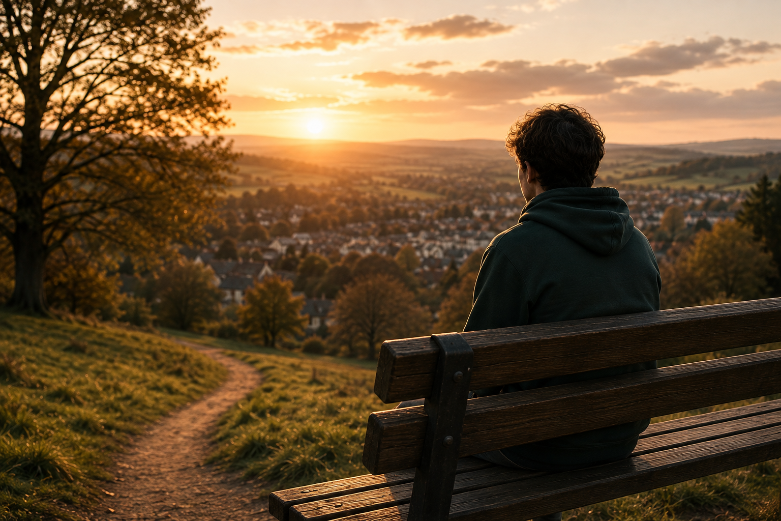 Person sitting on a park bench watching a sunset over a city and countryside.