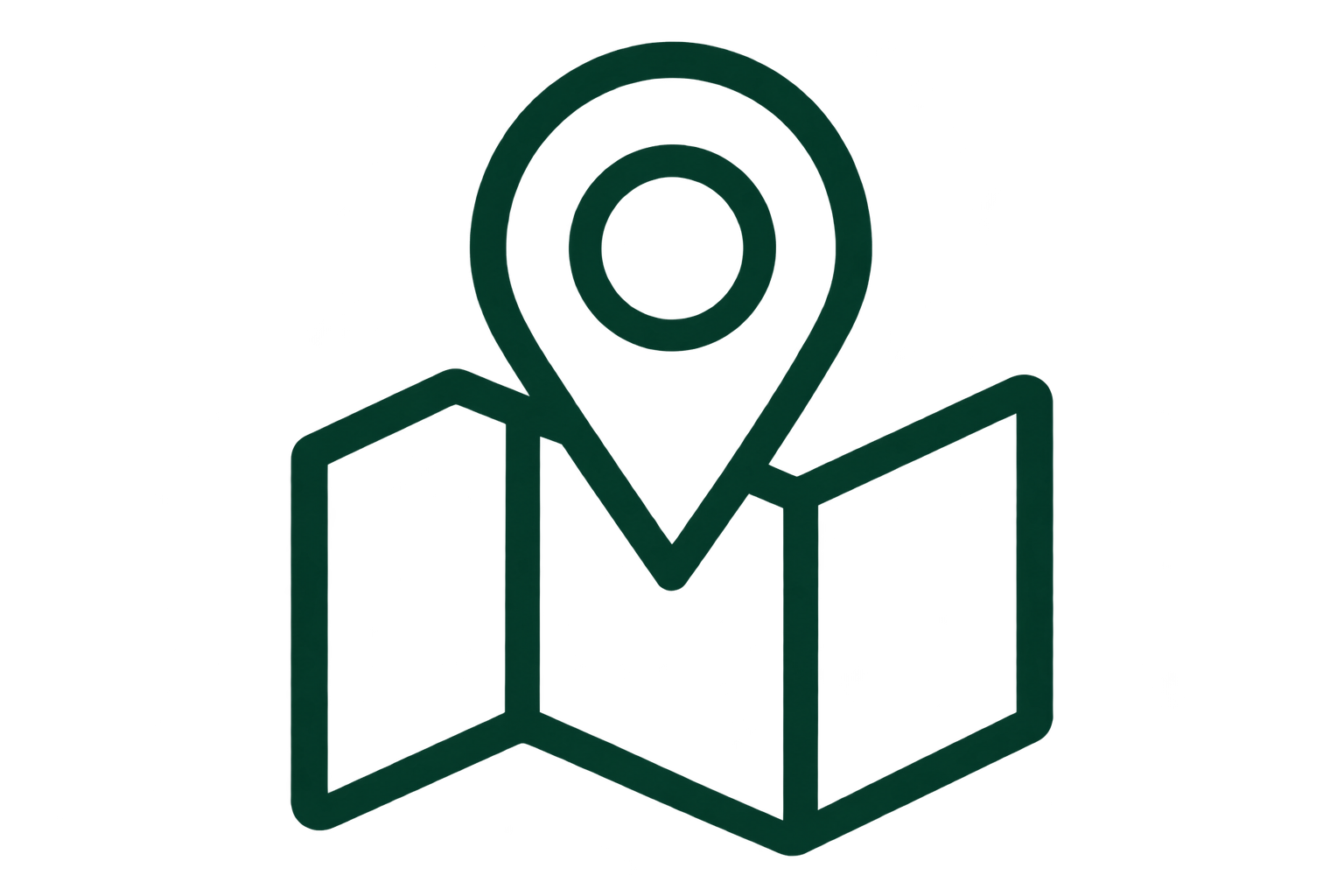 Green location pin icon with a map and a building in the background.