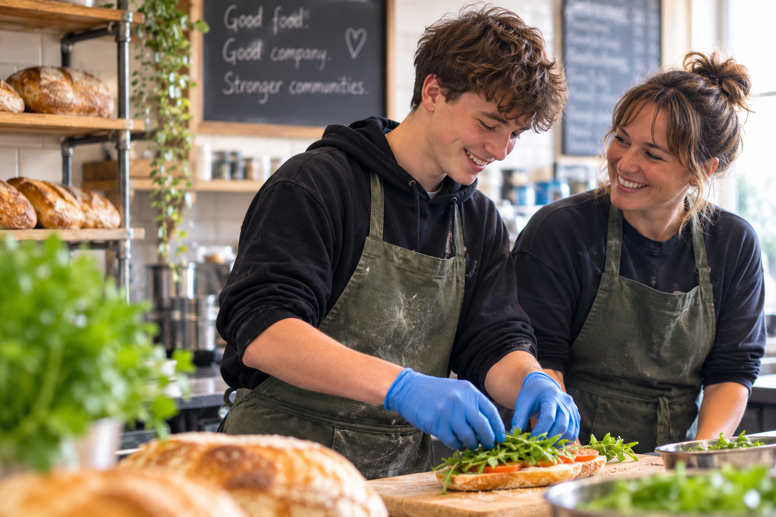 A young man and a woman preparing a sandwich with greens in a kitchen. The young man is wearing a black hoodie, a green apron, and blue gloves, and is smiling while arranging toppings. The woman, also wearing a green apron, looks on happily. In the background, there are shelves with bread and a chalkboard with writing.