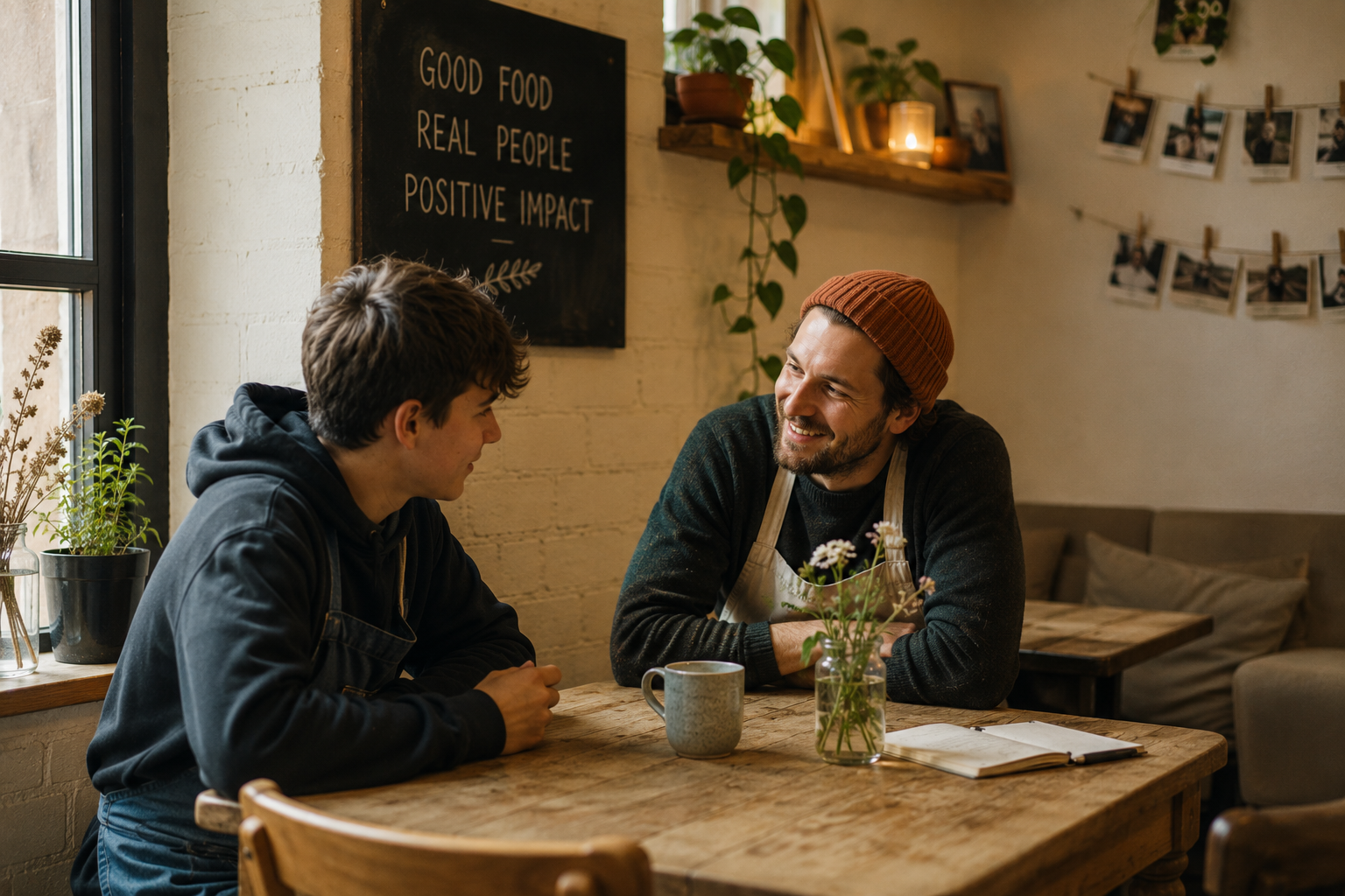 Two men having a friendly conversation at a wooden table in a cozy cafe, with a blackboard reading 'Good Food, Real People, Positive Impact' behind them and a window with plants on the windowsill.