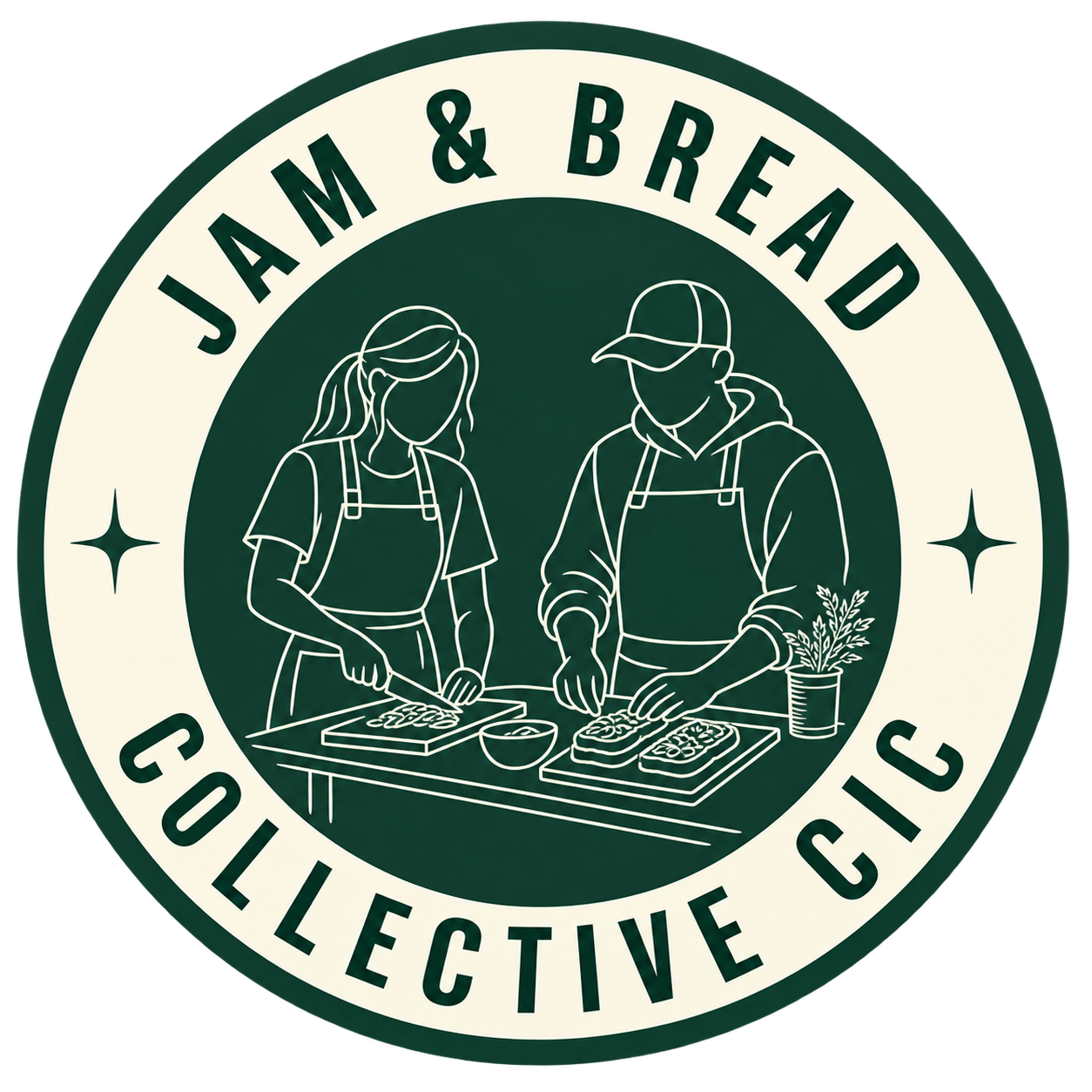 A logo for Jami & Bread Collective, featuring a line drawing of a woman and man preparing food in a kitchen, with a potted herb plant