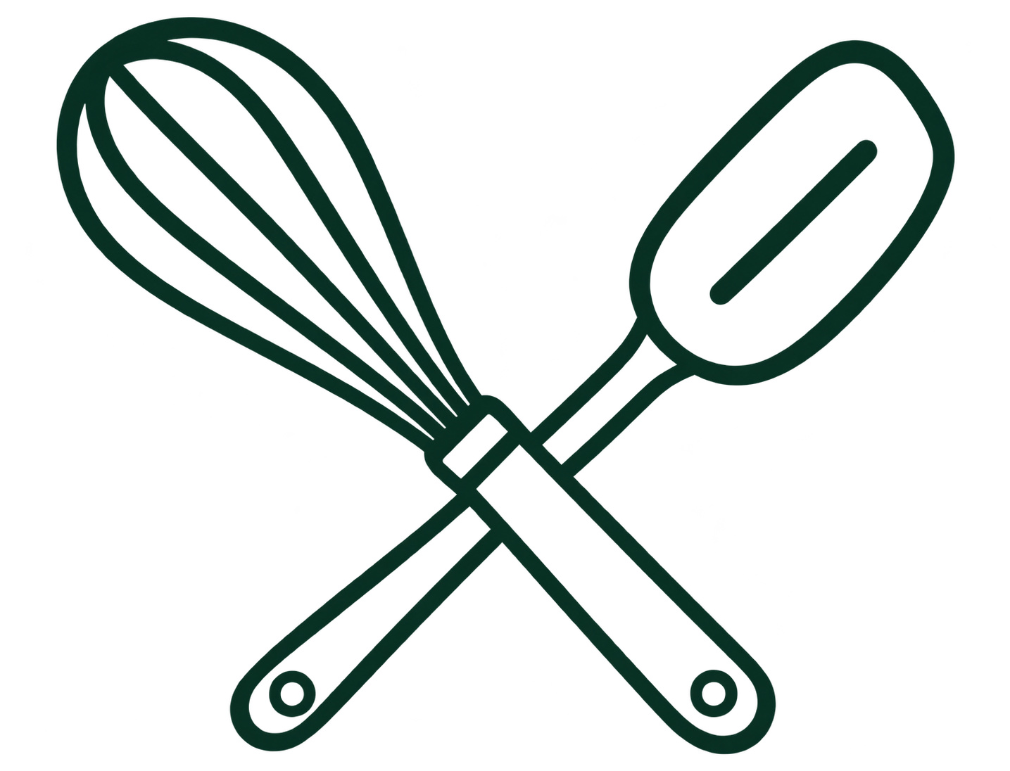 Outline illustration of a whisk and a spatula crossed over each other.