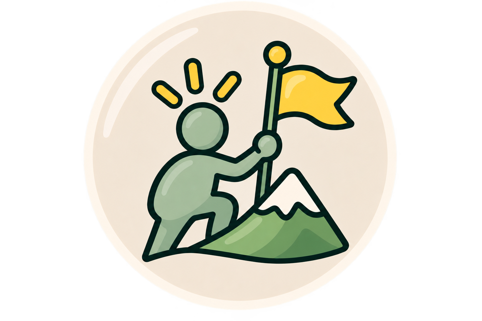 A cartoon figure standing on a mountain peak holding a yellow flag, with a bright yellow sun shining above.