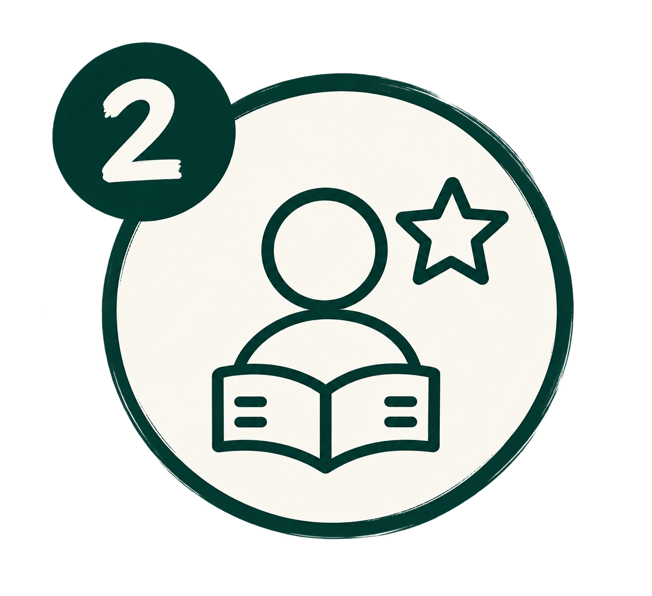 Icon of a person reading a book with a star beside them, and a circle indicating level 2