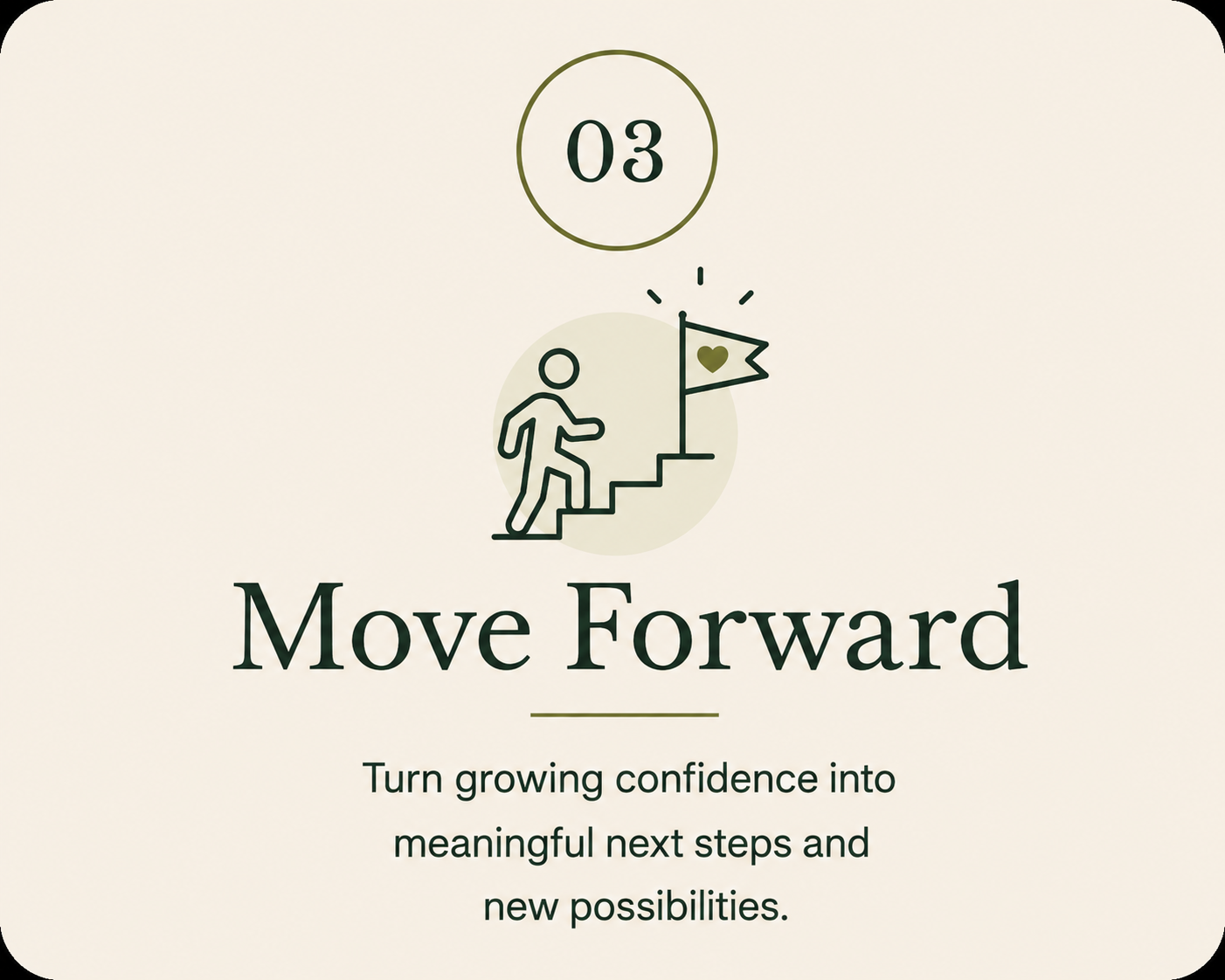 A graphic with the text '03' at the top, an illustration of a person climbing stairs to a flag with a heart symbol, and the words 'Move Forward' below, followed by the phrase 'Turn growing confidence into meaningful next steps and new possibilities.'