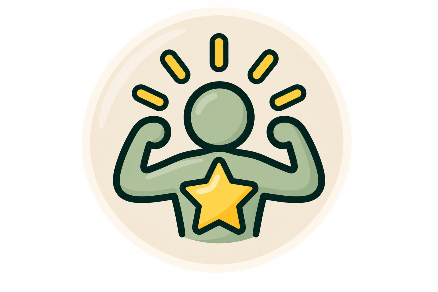 An illustrated badge featuring a faceless person flexing their muscles, with a golden star in front of their chest and yellow lines radiating above their head, symbolizing strength and achievement.