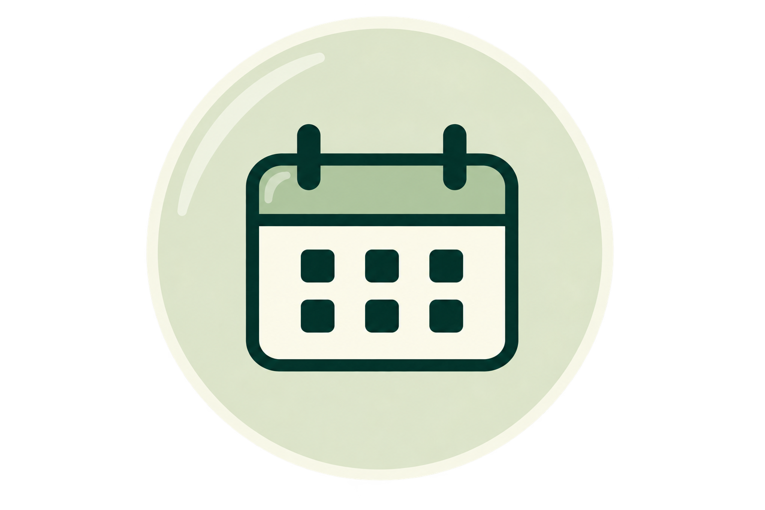 Icon of a calendar with a grid of six squares, displayed on a light green circular background.