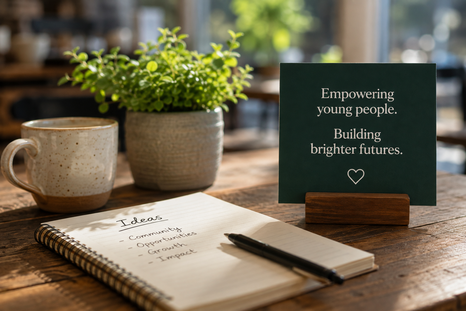 A notebook with ideas on community, opportunity, growth, and impact, a black pen, a coffee mug, a potted plant, and a sign with a heart symbol on a wooden table.