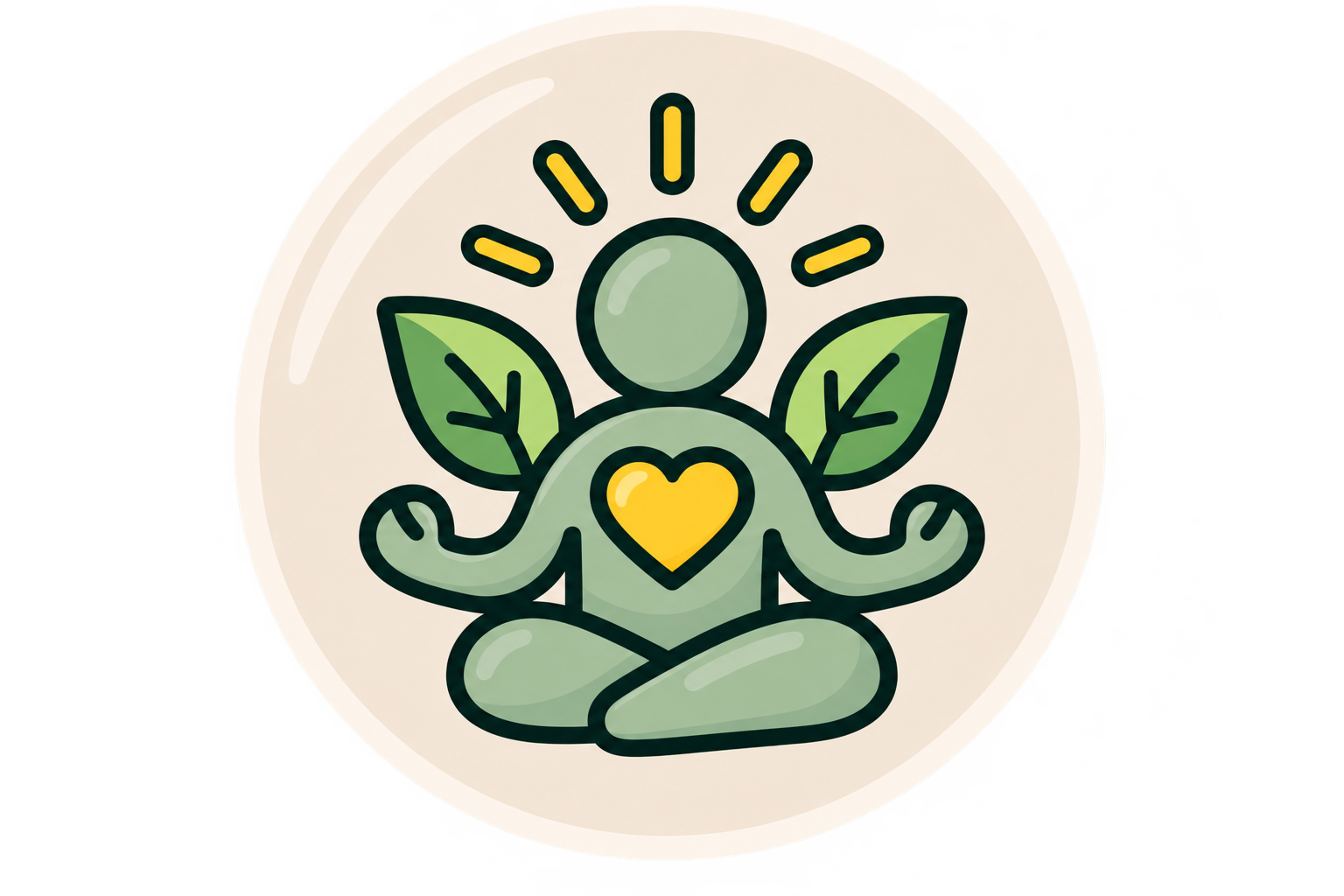 A stylized illustration of a person meditating in a cross-legged position with a heart on their chest, surrounded by green leaves, with lines above the head indicating enlightenment or energy.