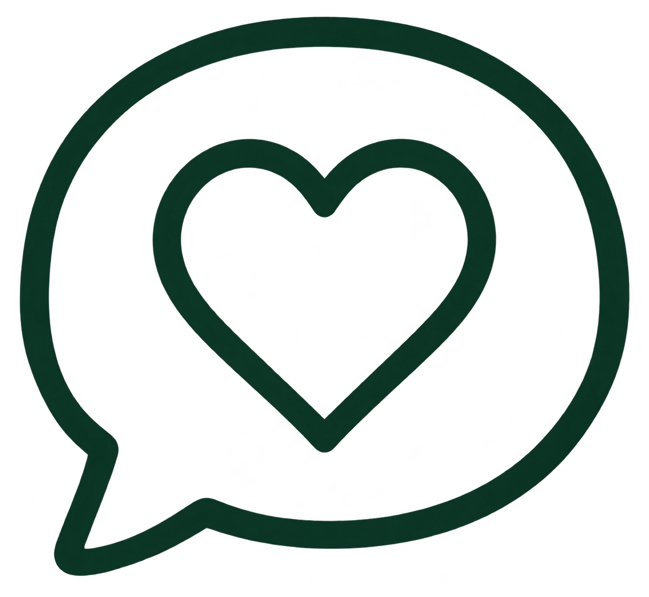 Green outline of a speech bubble containing a heart in the center.