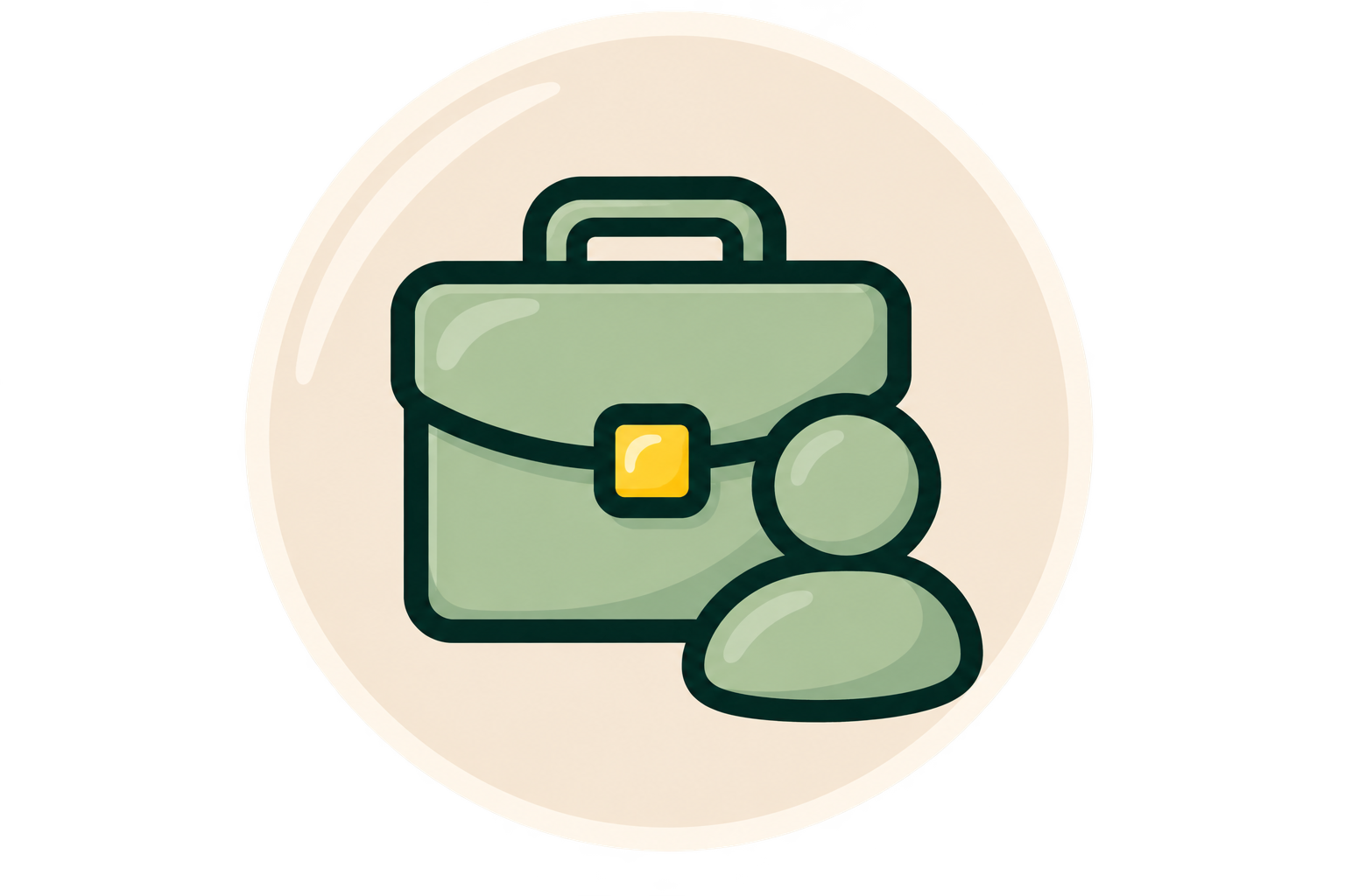 Illustration of a green briefcase with a yellow buckle, accompanied by a person's profile outline in front of it, set within a circular background.