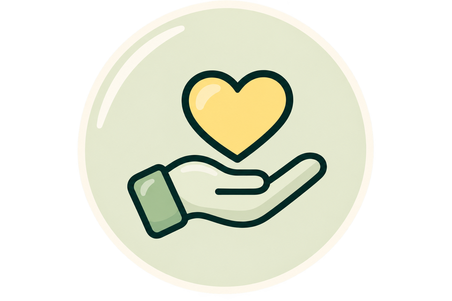 Graphic of a hand holding a yellow heart, symbolizing care or giving.