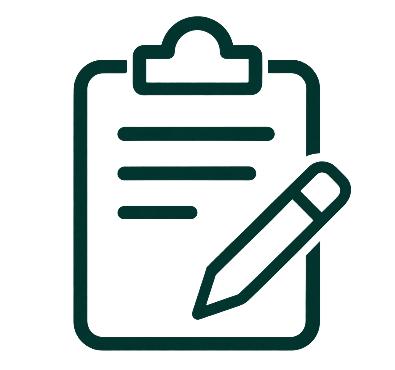 Icon of a hand holding a clipboard with checklist and a pencil, representing taking notes or completing a form.