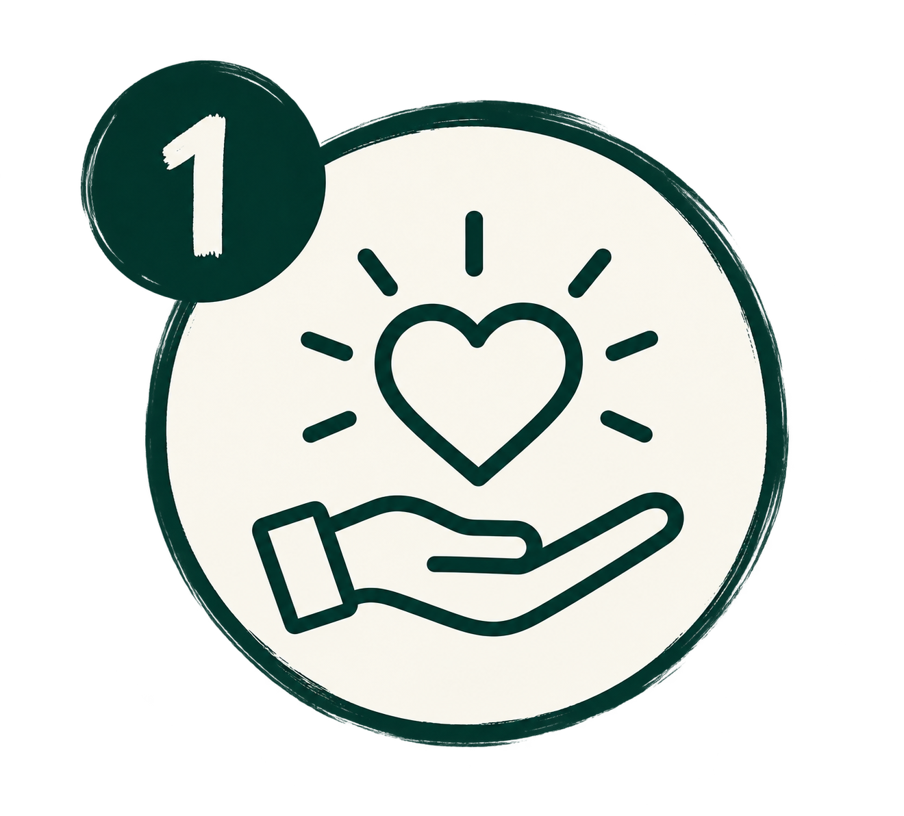 Illustration of a hand holding a heart with rays around it, with a number 1 badge indicating priority or importance.