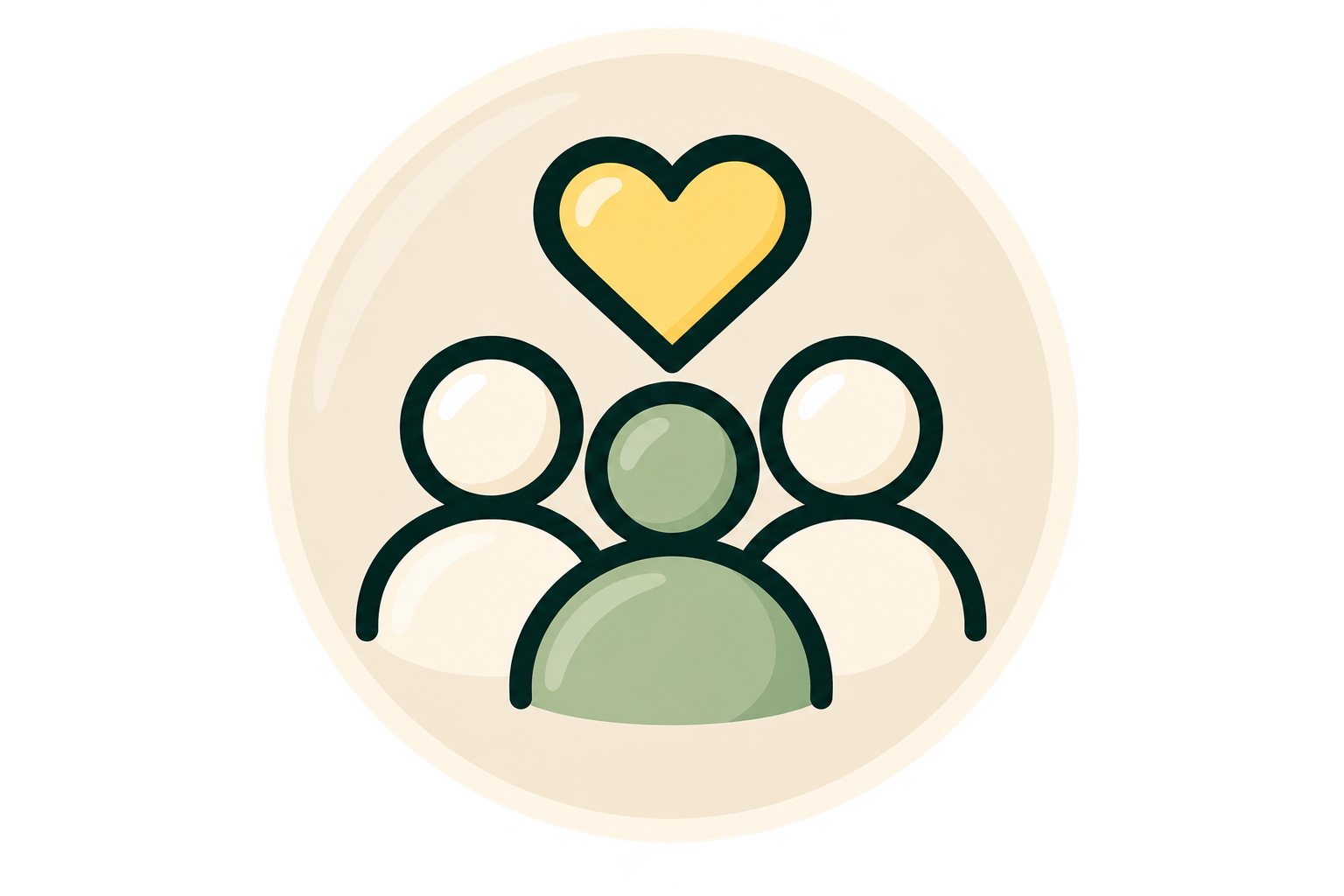 Illustration of three people with a yellow heart above them, symbolizing community, support, or love.
