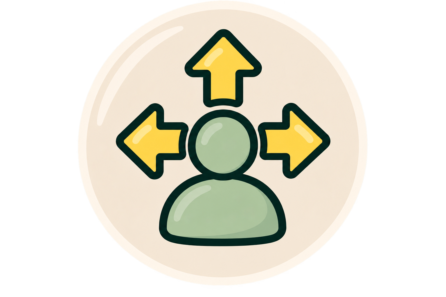 Icon of a person with arrows pointing in four directions (up, down, left, right) indicating choices or options.