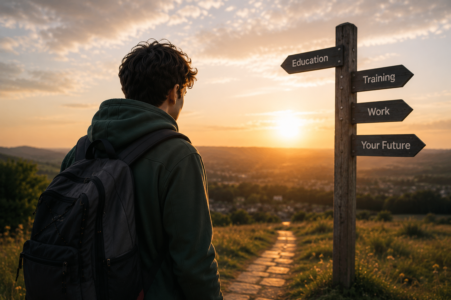 A young man with a backpack looking at a signpost with directions to education, training, work, and your future at sunset.
