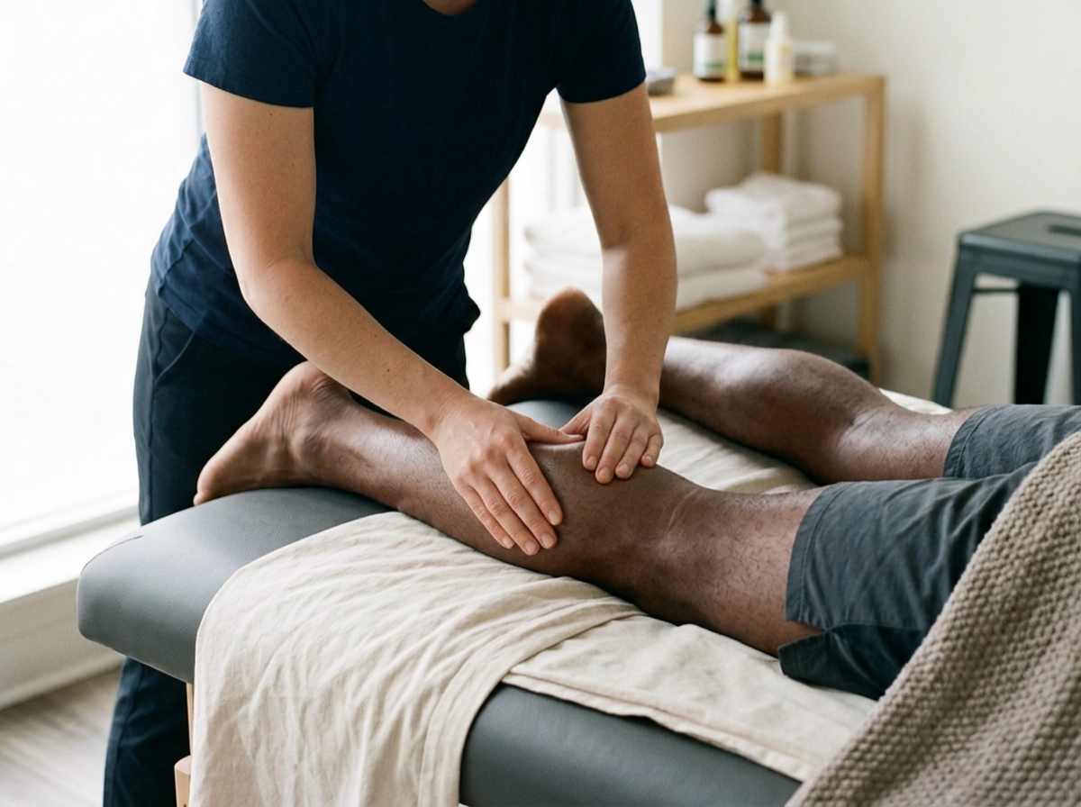 A massage therapist gives a leg massage to a client lying face down on a massage table.