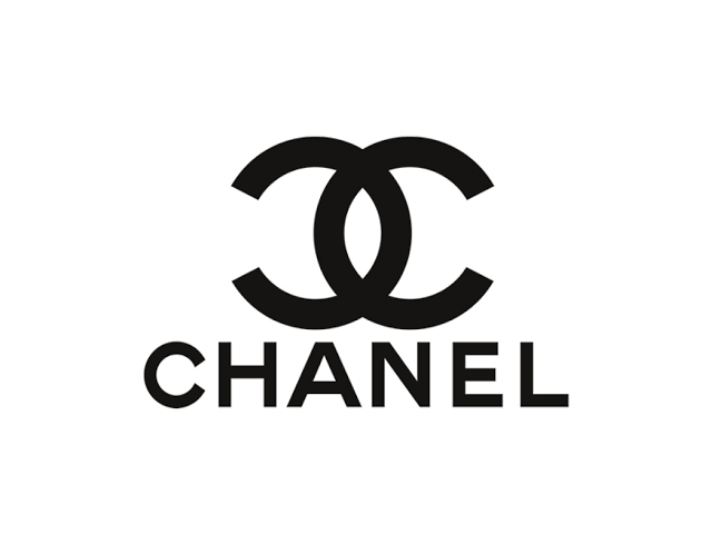 Black and white Chanel logo with interlocking 'C's and the word 'Chanel' below.