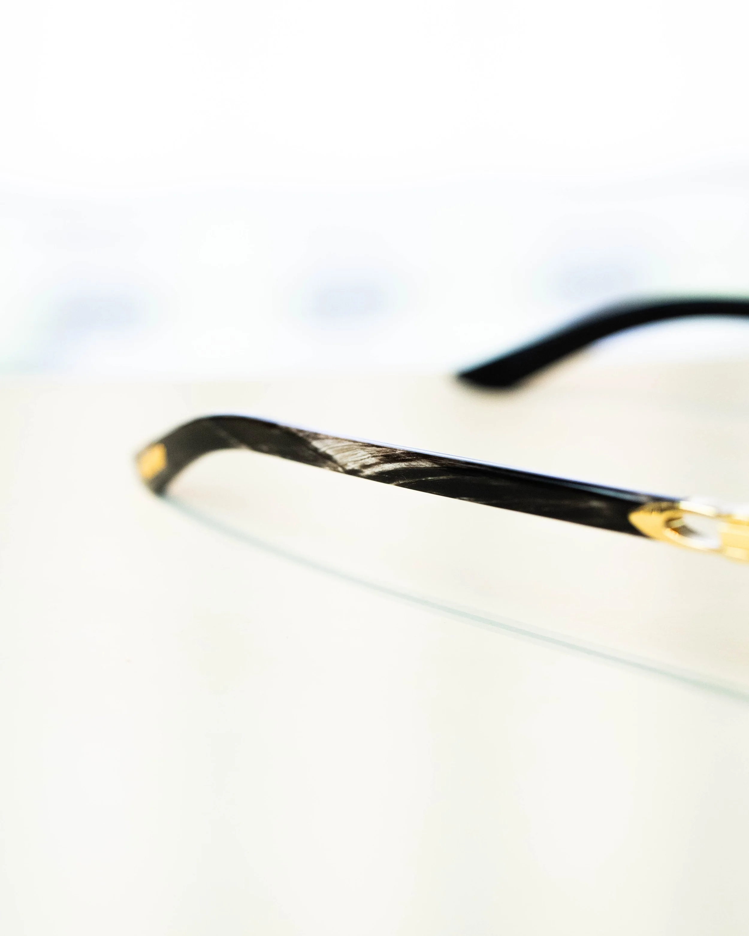 Close-up of a black eyeglass temple with gold accents, focused against a white background.