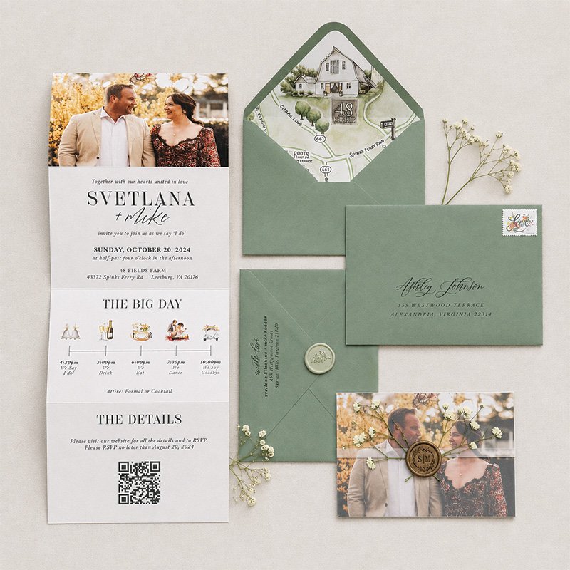 Wedding invitation suite for Svetlana and Mike, including a main invitation, a reception card, an envelope with a map and recipient's address, a wax seal, a photo of the couple, and small decorative flowers.
