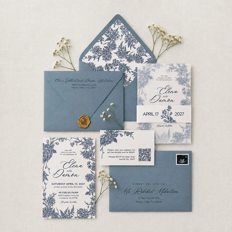 A wedding invitation suite with blue and white floral designs, including an envelope, RSVP card, details card, and a reception card. The suite is decorated with small blue flowers.