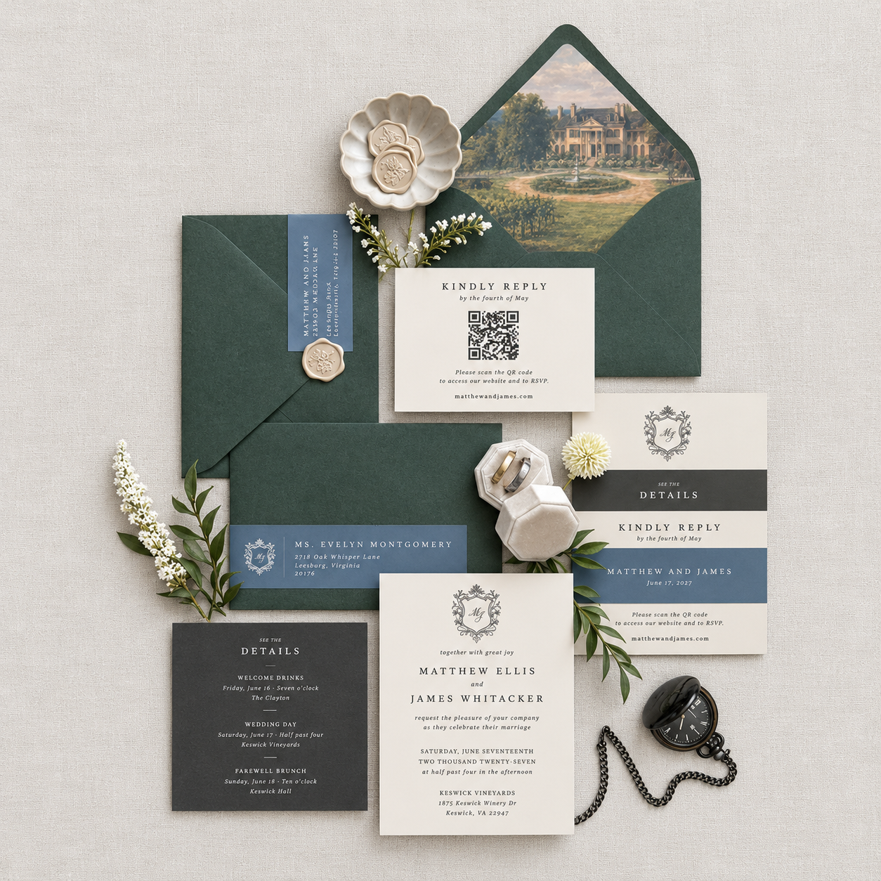 Custom wedding invitation suite featuring forest green envelopes, illustrated liners, wax seals, and coordinating stationery for a Keswick Vineyards wedding in Virginia.