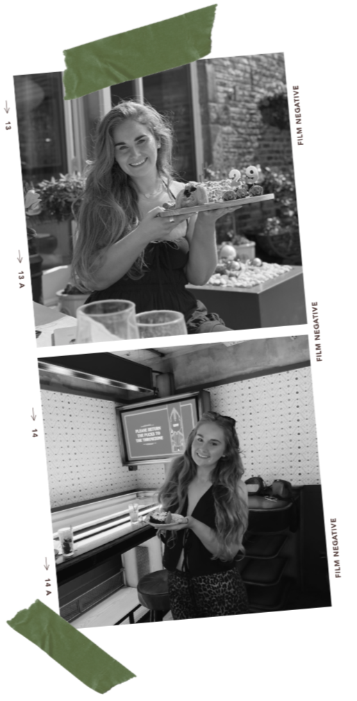 Black and white photos of a young woman with long wavy hair holding a plate with food, smiling in different indoor settings.