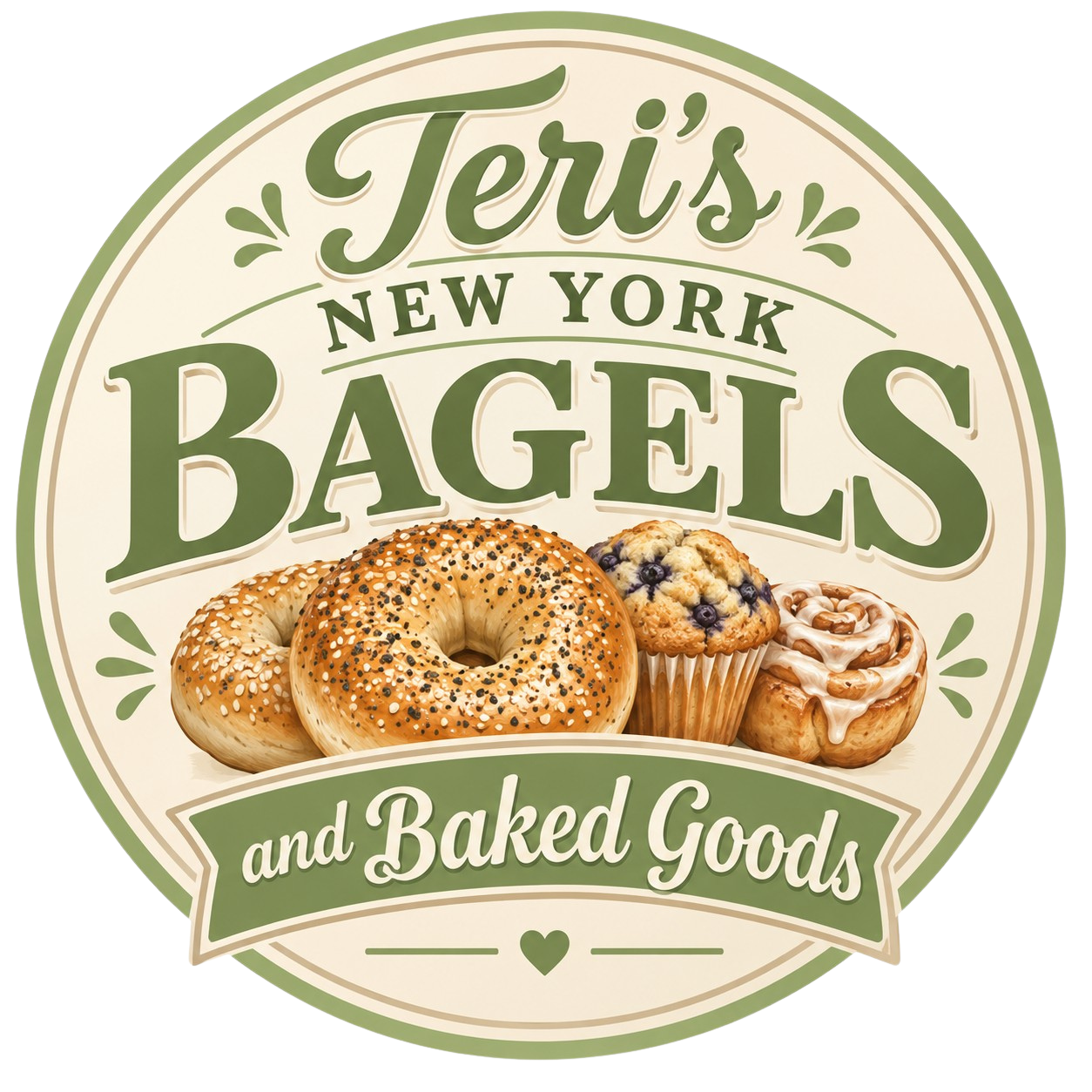 Logo for Teri's New York Bagels featuring images of bagels, blueberry muffin, and cinnamon roll with text 'Teri's New York Bagels and Baked Goods' in green and cream colors.