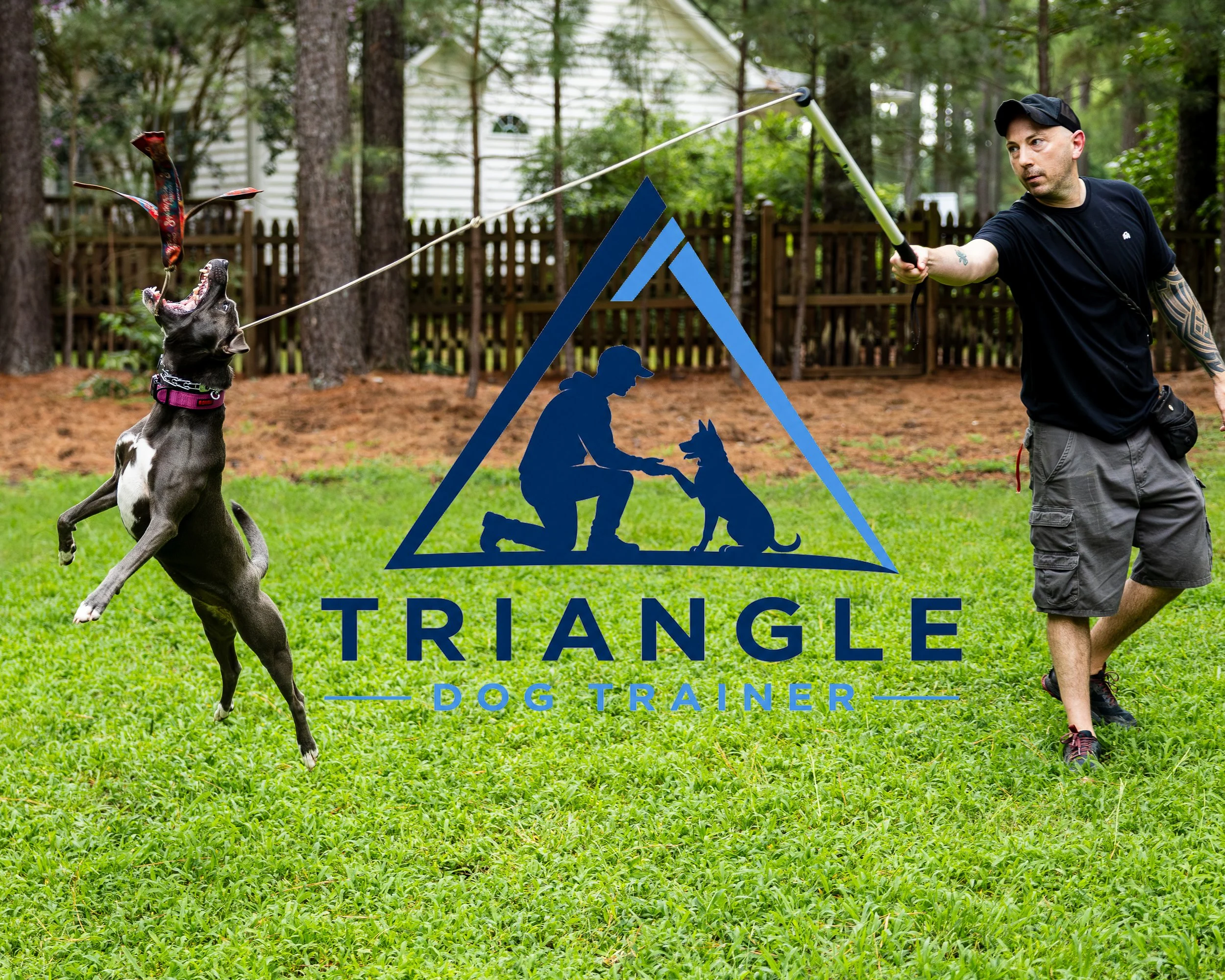 A man practicing dog training with his dog in a backyard, with a large blue sign reading 'TRIANGLE DOG TRAINER' and a silhouette illustration of a trainer teaching a dog, surrounded by trees and a wooden fence.
