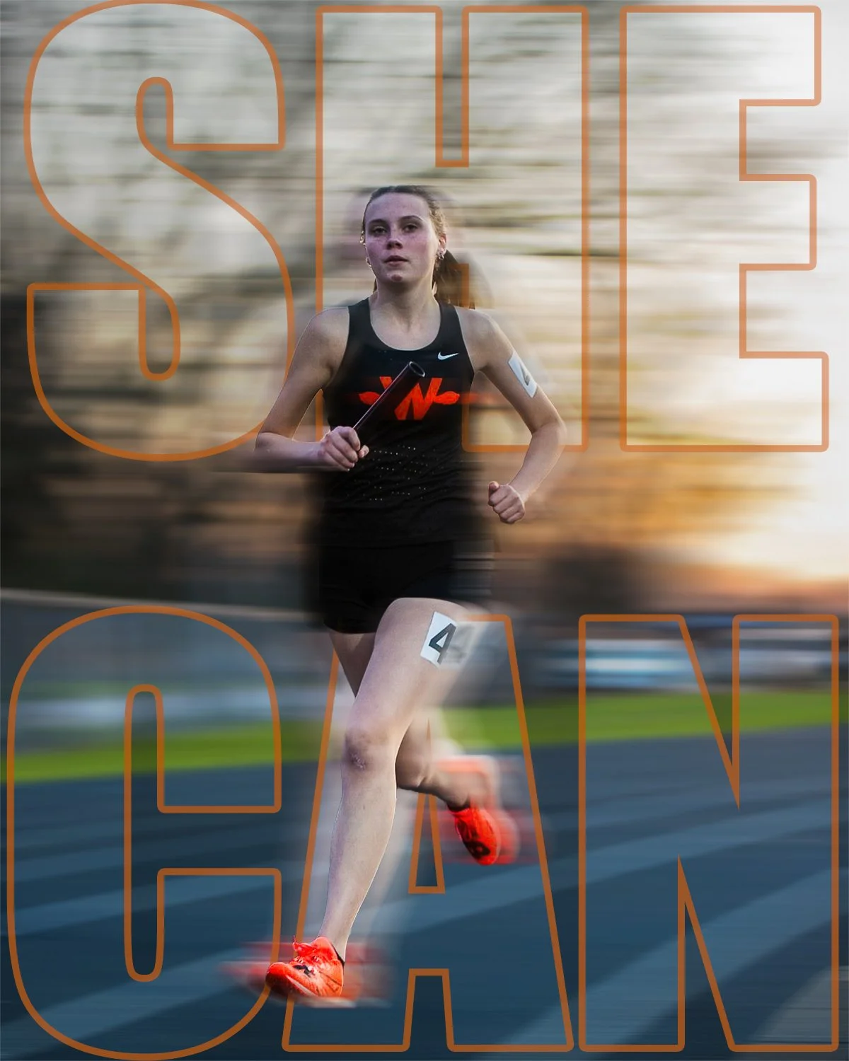 A female athlete running on a track with a determined expression, wearing a black sports outfit with a white armband, and a race number on her thigh, during sunset or sunrise.