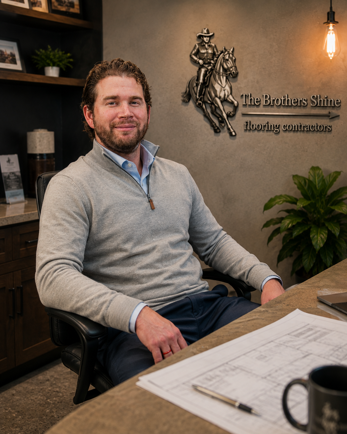 The Brothers Shine flooring contractor reviewing project information in the company office.