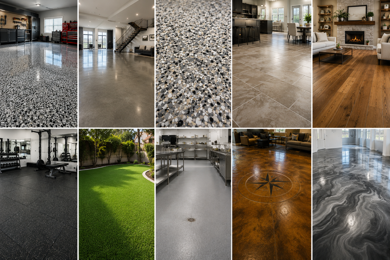 Examples of flooring options including polished concrete, epoxy, tile, hardwood, rubber flooring, terrazzo, and decorative floors.